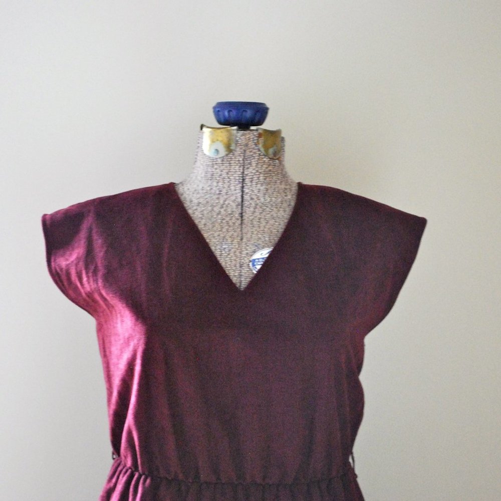 Burgundy velour V neck dress with button detailing